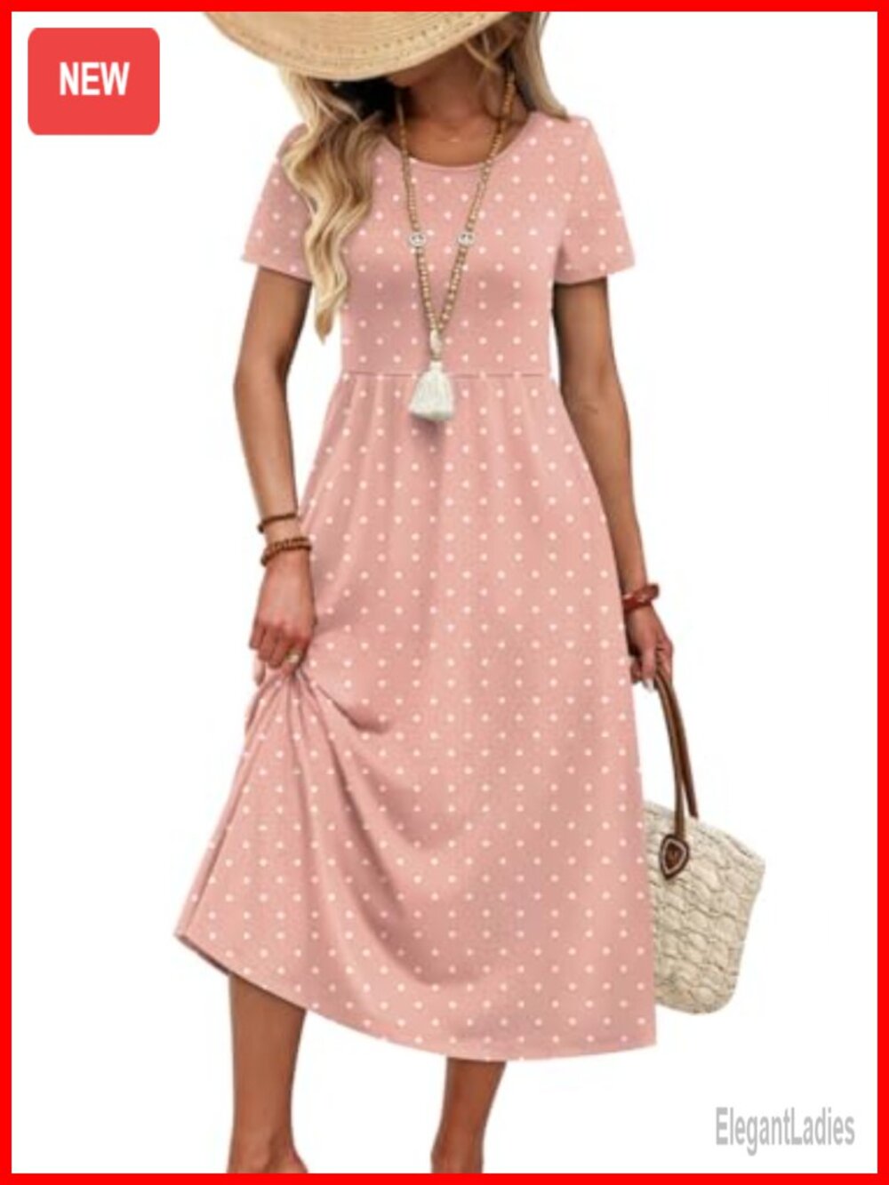 Flowy Midi A-Line Sundress with Pockets Crewneck Short Sleeve